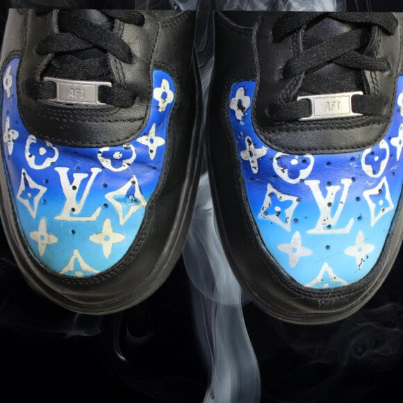 Nike AF1 Leather Custom Hand Painted Blue On Black Louis Vuitton Logo, Size 13 - Picture 7 of 9